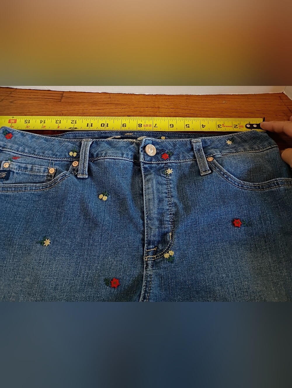 Seven7 Blue Denim High-Rise Jeans with Red & Cream Floral Embroidery